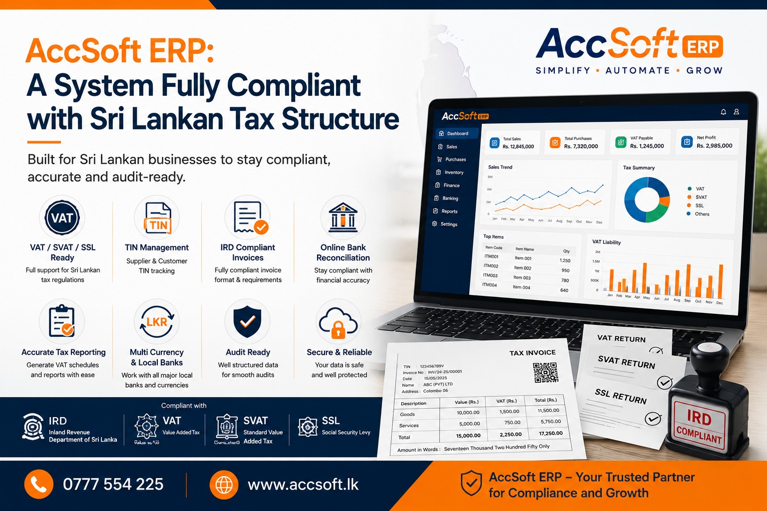 AccSoft ERP for Sri Lankan tax compliance — VAT SSL IRD invoice format accounting software Sri Lanka