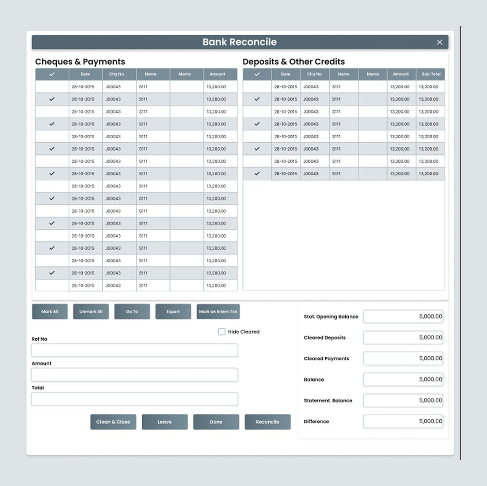 AccSoft ERP Bank Reconcile screen with cleared cheques, payments and deposits and the difference shown live