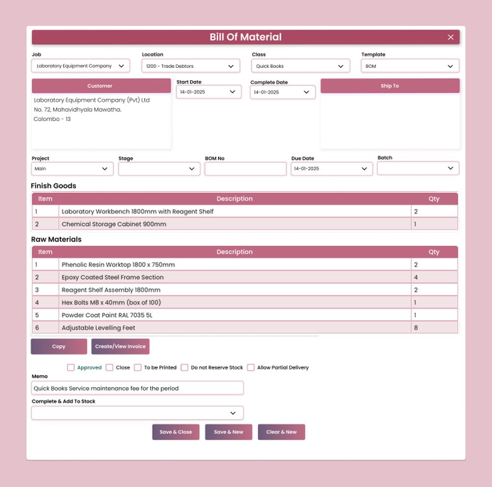 AccSoft ERP Bill of Material screen with finished goods and raw materials grids manufacturing BOM software Sri Lanka
