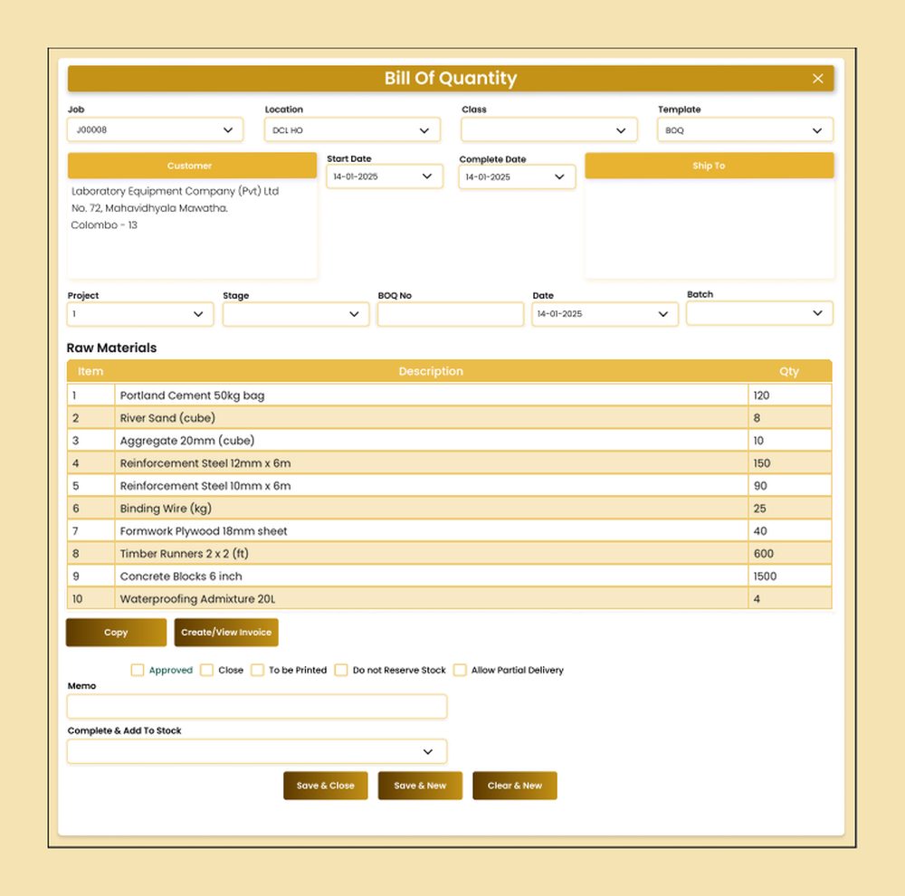 AccSoft ERP Bill of Quantity screen with raw materials grid BOQ software Sri Lanka