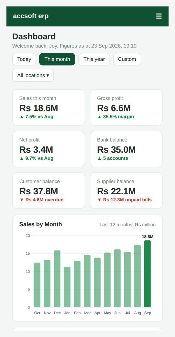 AccSoft ERP dashboard on a mobile phone