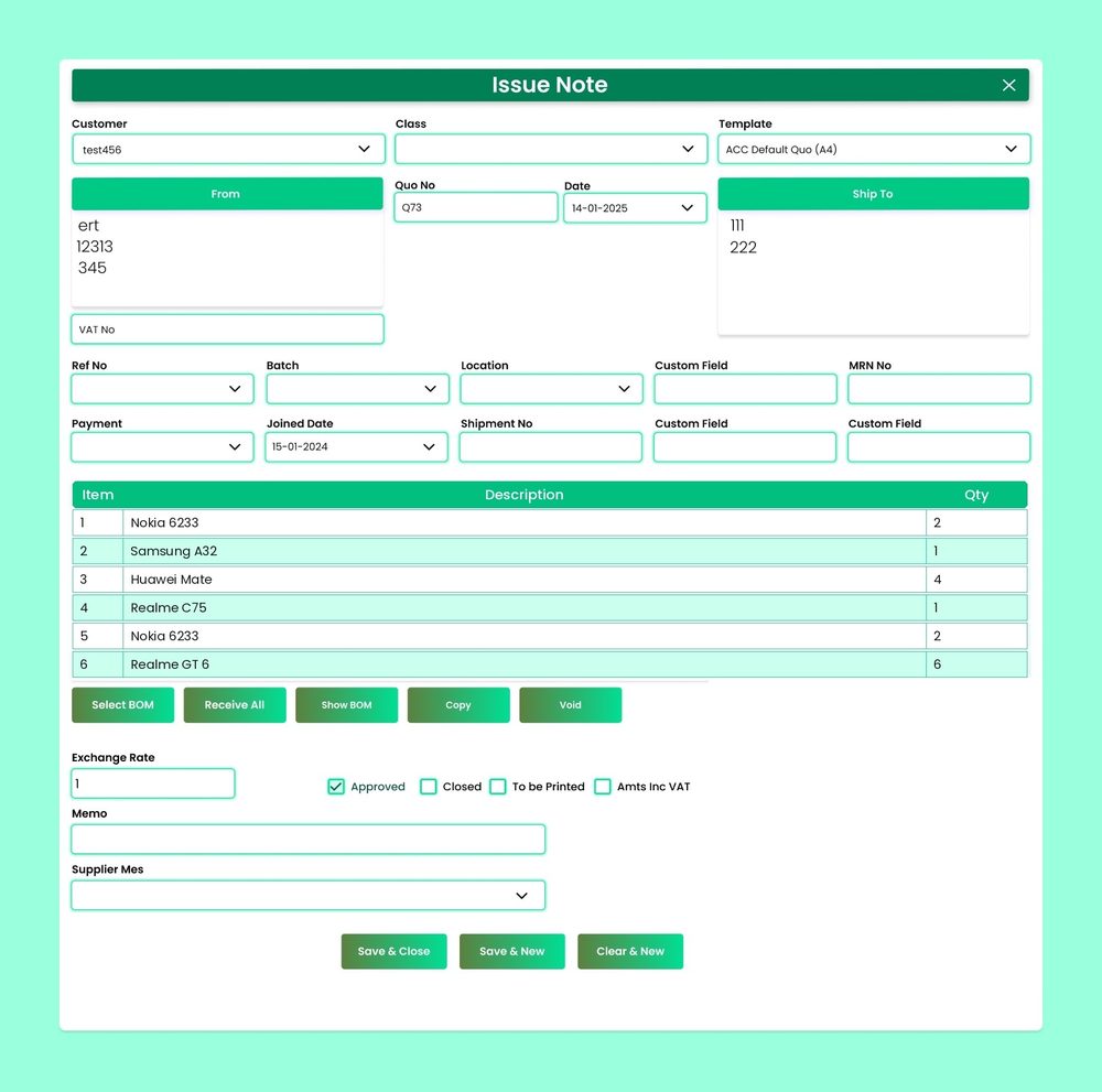 AccSoft ERP Inventory Issue Note screen with item, description and quantity per line
