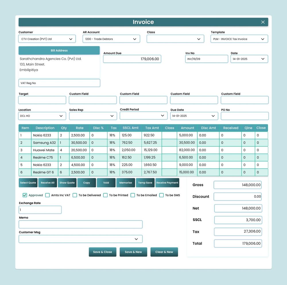 AccSoft ERP Tax Invoice screen with Amount Due, credit period and Receive Payment VAT invoice Sri Lanka