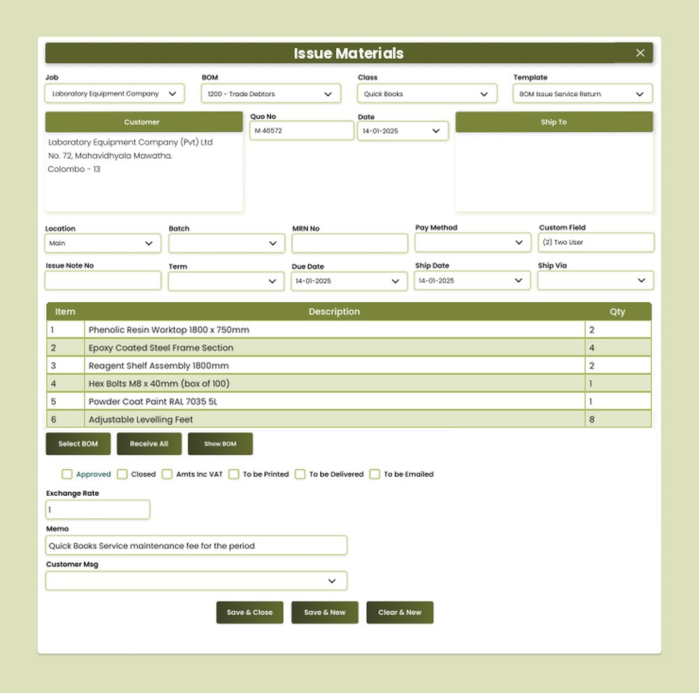 AccSoft ERP Issue Materials screen for raw materials issued against a BOM production ERP Sri Lanka
