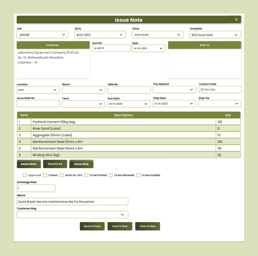 AccSoft ERP Issue Note screen for materials issued against an approved BOQ engineering ERP Sri Lanka