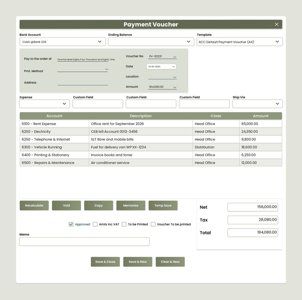 AccSoft ERP Payment Voucher screen with expense lines coded to account and Class, VAT and amount in words