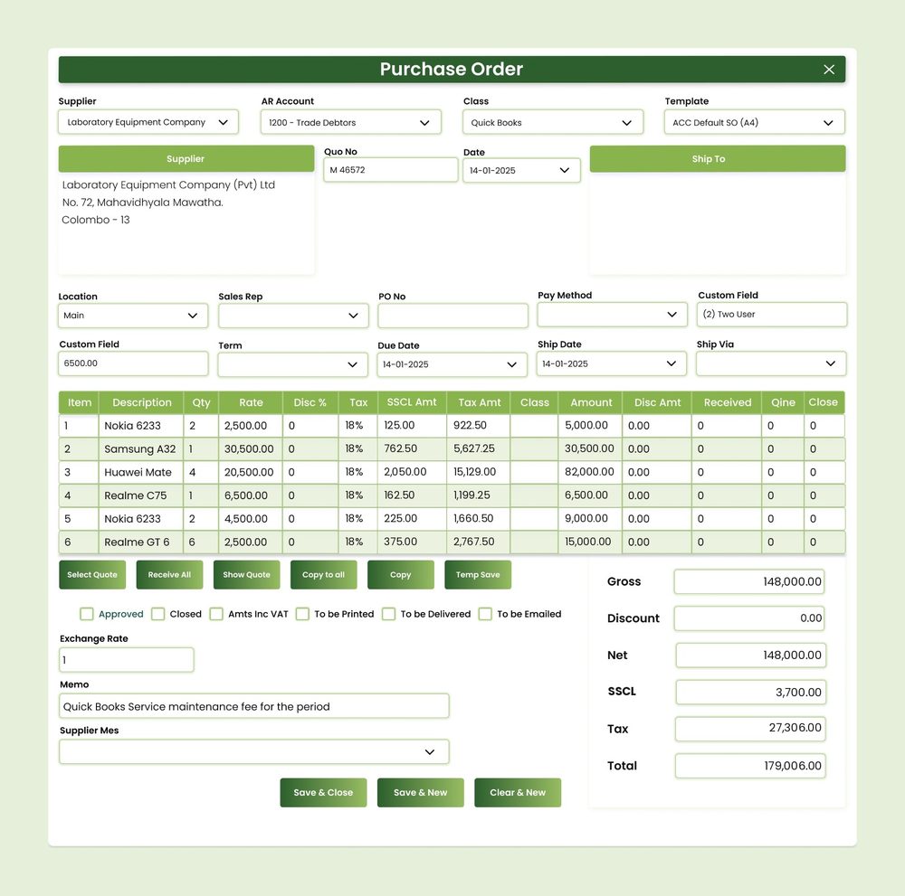 AccSoft ERP Purchase Order screen showing VAT 18% and SSCL 2.5% per line with live totals ERP Sri Lanka