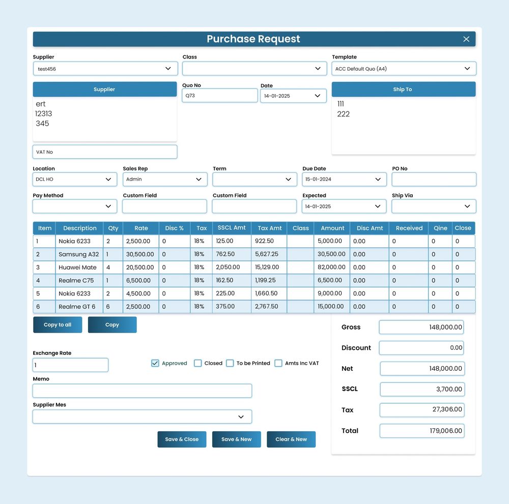 AccSoft ERP Purchase Request screen with approval flag ready for conversion to a Purchase Order ERP Sri Lanka