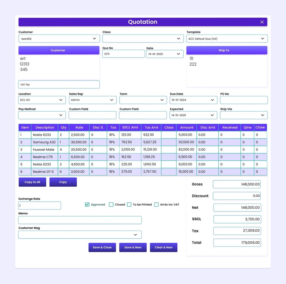 AccSoft ERP Quotation screen with VAT 18% and SSCL 2.5% per line and live totals sales ERP Sri Lanka
