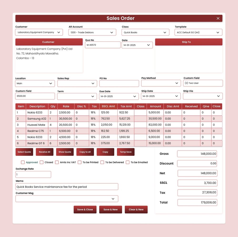 AccSoft ERP Sales Order screen ready for invoicing, purchase order or BOM conversion order processing ERP Sri Lanka