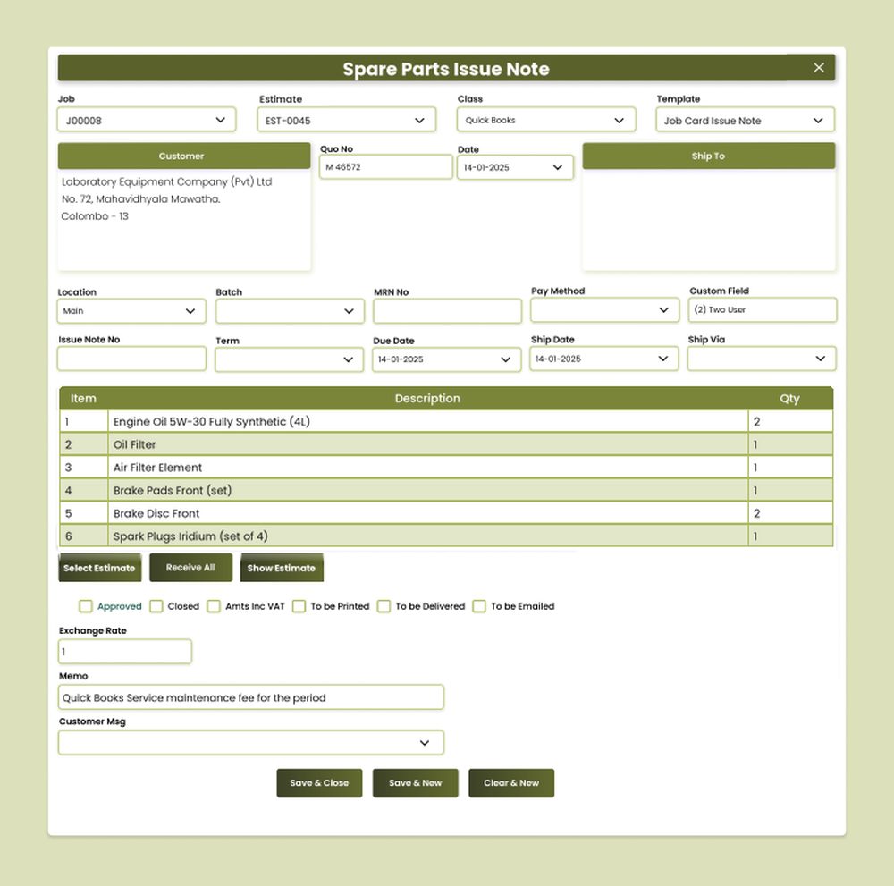 AccSoft ERP Spare Parts Issue Note screen for parts issued against an approved workshop estimate