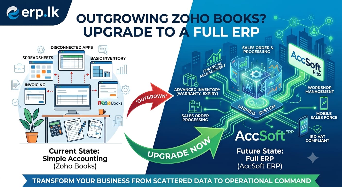 Why upgrade from Zoho Books to AccSoft ERP — ERP software Sri Lanka vs accounting software